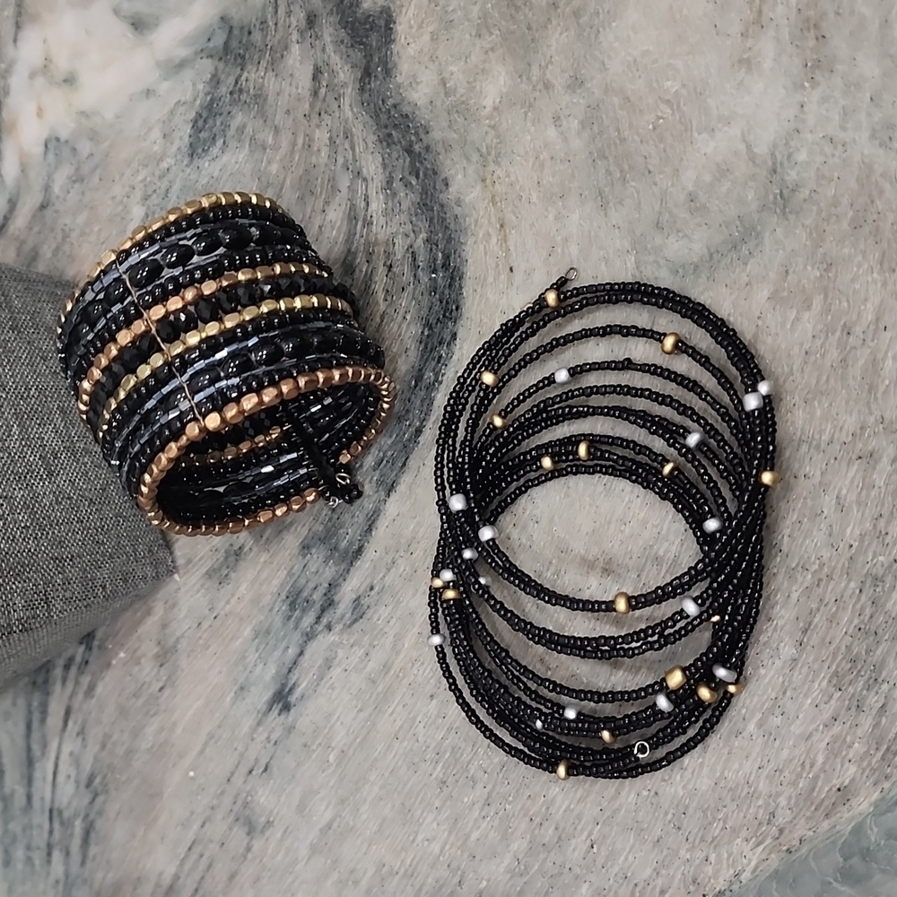 Two black and gold bead bracelets memory wire stretch cuff band